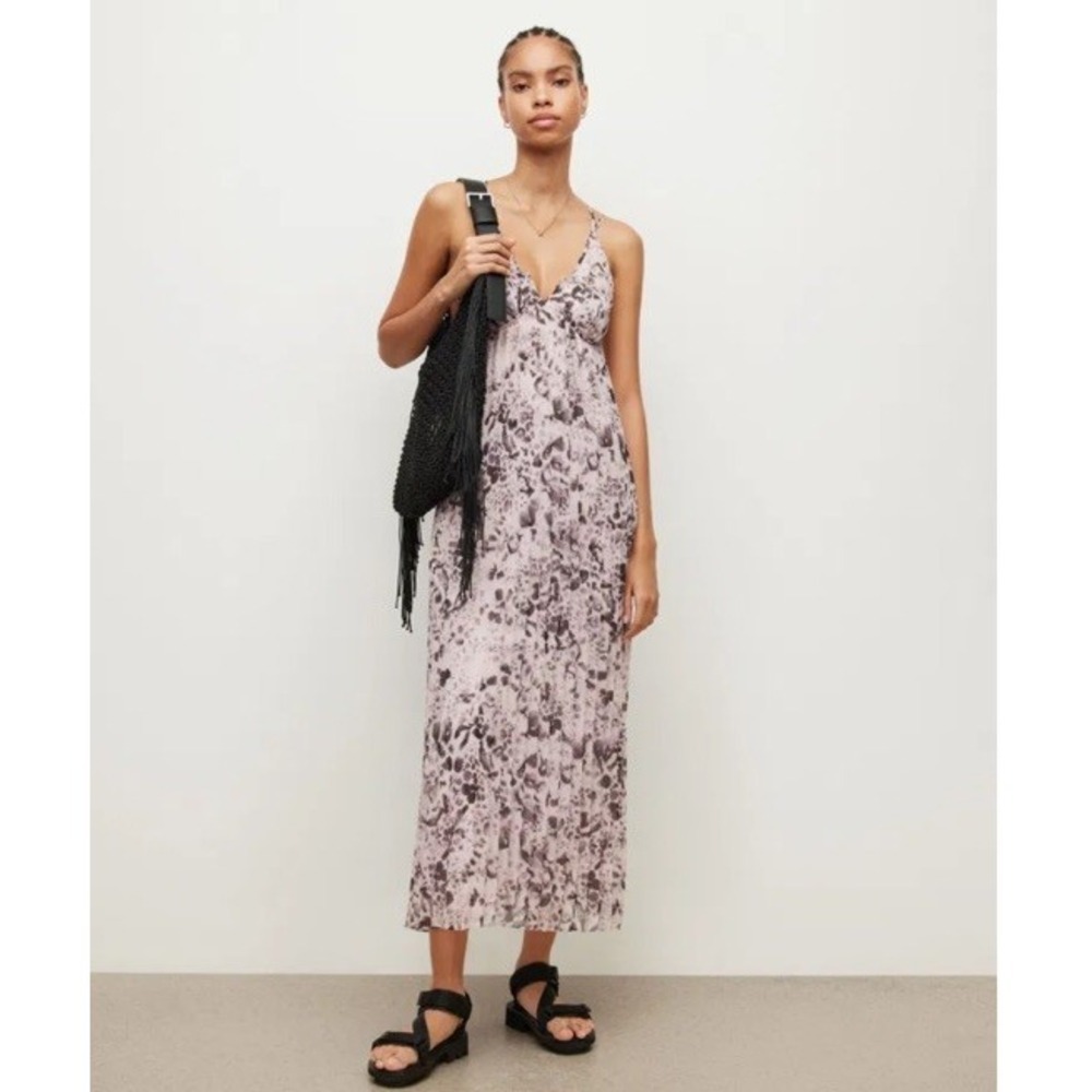 NWT All Saints Nouval Waktu Maxi Dress‎ Women's Size 8 Pink Floral Animal Print